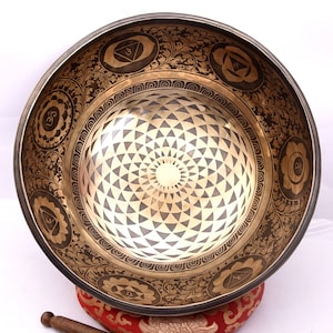 15 Inch Large Master Healing Bowl | Flower of Life Carving Tibetan Singing Bowl | Deep Long Sound Vibration Bowl | Sound Therapy Jhumka Bowl