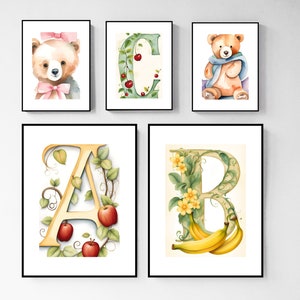 Woodland ABC Nursery Wall Art, Printable Wall Art, Digital Wall Print, Nursery Prints, Teddy Bear Nursery Art, Kids Wall Art, Nursery Decor
