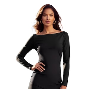 Top de punto de manga larga con escote barco para mujer: Blusa de algodón.