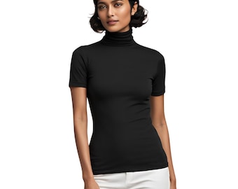 Top a collo alto in cotone e spandex: camicetta da donna a maniche corte, lunghezza personalizzabile