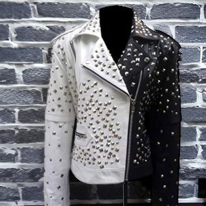 Blouson motard clouté - Blouson moto motard en cuir de vache noir blanc argenté clouté à crampons pour femme - Blouson en cuir clouté