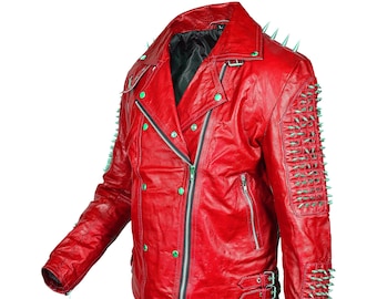 Handmade Red Studded Leather Biker Jacket: Punk Steampunk Fashion