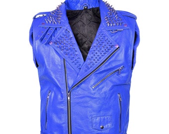 Handmade Blue Leather Studded Vest: Men's Biker Moto Spiked Punk Vest