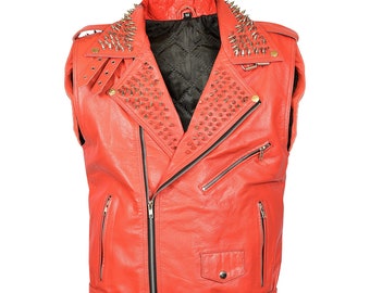 Handmade Red Leather Studded Biker Vest: Men's Punk Rock Waistcoat