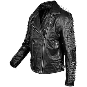Blouson punk clouté pour homme Blouson moto clouté argenté pour homme Blouson motard clouté en cuir de vachette style steampunk Blouson clouté en cuir
