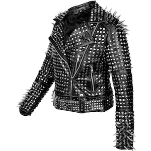 Veste motard cloutée pour femme, coupe slim en cuir noir Brando pour femme, veste longue cloutée punk argentée - Veste motard cloutée