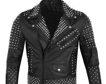 Handgefertigte Bikerjacke aus Rindsleder mit Nieten: Herren Punk Moto Style