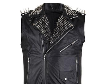 Handmade Spiked Studded Leather Vest: Punk Moto Biker Vest