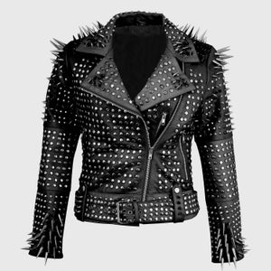 Veste cloutée punk | Veste femme en cuir de vachette véritable noir à longues pointes entièrement cloutée Fermeture éclair YKK | Veste en cuir cloutée