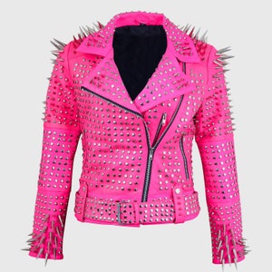 Blouson en cuir clouté fait main pour femme, veste Brando punk argentée entièrement cloutée, pardessus clouté motard pour fille, veste moto cloutée Steampunk