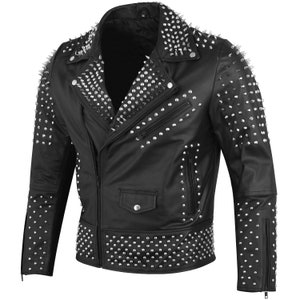 Blouson homme clouté Blouson Spikes Blouson punk clouté Blouson motard en cuir de vachette style rock clouté Blouson moto steampunk clouté argenté