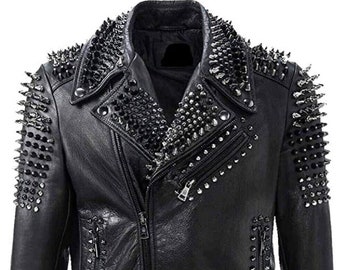 Chaqueta de motociclista de cuero de vaca estilo punk con pinchos hechos a mano de plata para hombre