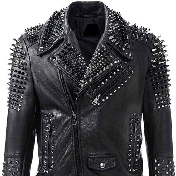 Herren Silber handgemachte Nieten Spikes Jacke Punk Stil Rindsleder Biker Mode Jacke