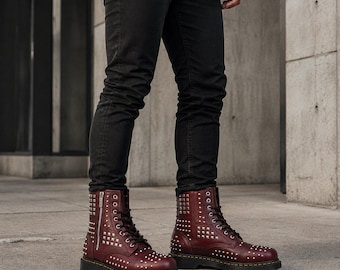 Unisex Burgundy Handmade Studded Leather Combat Boots Punk Gothic Lace Up Zipper Biker Footwear