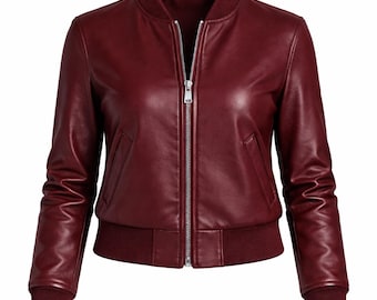 Chaqueta de cuero burdeos para mujer, chaqueta bomber minimalista, abrigo de moda con cremallera para otoño e invierno.