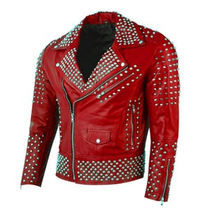 Veste motard cloutée | Blouson en cuir clouté pour homme Rock Punk | Blouson moto motard rouge à crampons Brando | Veste cloutée à crampons