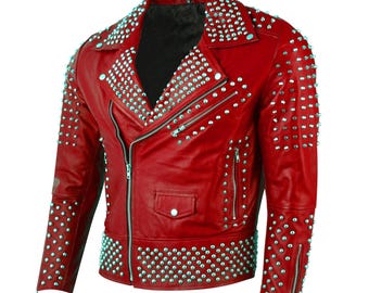 Men’s Red Studded Leather Biker Jacket, Moto Zip Jacket with Silver Studs, Rocker Punk Style, Handmade Custom Fit