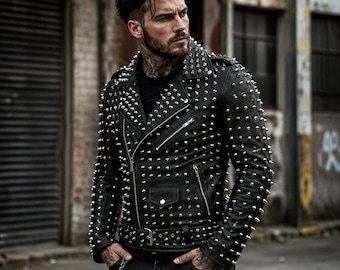Men’s Black Studded Genuine Leather Biker Jacket Vintage Punk Motorcycle Coat Spiked Rock Style