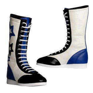 Custom Star-worstelschoenen | Retro bokslaarzen met veters | Blauw wit zwarte leren ringlaarzen | Cosplay- en kostuumlaarzen voor dames en heren