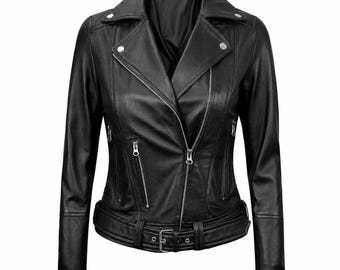 Schwarze Bikerjacke aus echtem Leder für Damen, schmal geschnitten, Motorradjacke mit verstellbarem Gürtel