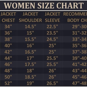 Puede incluir: Una tabla de tallas para mujeres con medidas en pulgadas. La tabla incluye medidas de pecho, hombros y mangas de la chaqueta, as&iacute; como tallas de pecho recomendadas, desde XXS hasta 5XL.