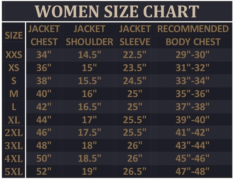 Puede incluir: Una tabla de tallas para mujeres con medidas en pulgadas. La tabla incluye medidas de pecho, hombros y mangas de la chaqueta, as&iacute; como tallas de pecho recomendadas, desde XXS hasta 5XL.