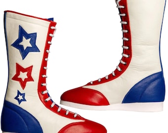 Retro 70s Red White Blue Wrestling Boots: Patriotic Star Knee High Ring Gear