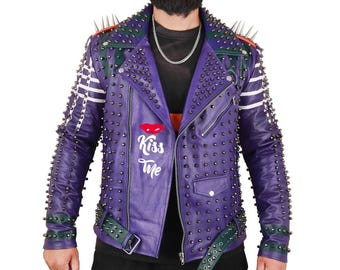 Purple Studded Moto Jacket, Punk Spiked Biker Leather Jacket, Gothic Rocker Streetwear, Handmade Custom Sizing