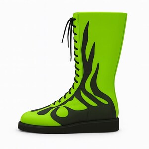 High-resolution image of neon green wrestling boots with bold black flame detailing, handmade from genuine leather. The boots feature black soles, sleek stitching, and a lace-up front for secure fit. Set against a clean white background, showing professional craftsmanship, vibrant color contrast, and premium texture — ideal for pro wrestling, cosplay, and athletic performance footwear