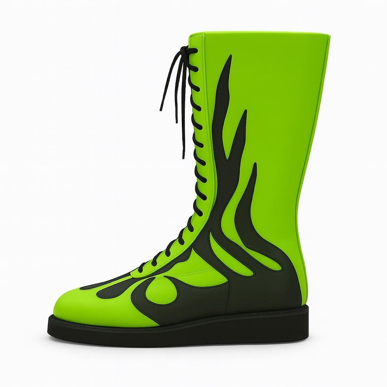 High-resolution image of neon green wrestling boots with bold black flame detailing, handmade from genuine leather. The boots feature black soles, sleek stitching, and a lace-up front for secure fit. Set against a clean white background, showing professional craftsmanship, vibrant color contrast, and premium texture — ideal for pro wrestling, cosplay, and athletic performance footwear