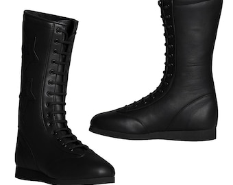 Handmade Leather Wrestling Boots: Black Star Patch, Customizable Unisex Footwear