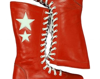 Handmade Red Leather Wrestling Boots: Retro Star Patch, Unisex Combat Shoes