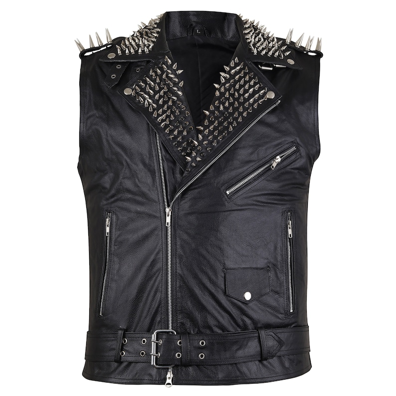 Men Studded Vest - Handmade Studded Leather Vest Black Punk Silver Long Spiked Studded Genuine Leather Vest - Black Leather Vest