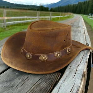 Brown Leather Cowboy Hat: Australian Western Style with Conchos