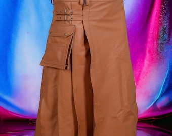 Kilt de couro legítimo: estilo gladiador marrom, kilt gótico plissado