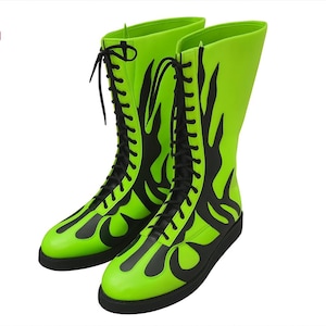 Close-up image of genuine leather neon green wrestling boots featuring bold black flame design, lace-up closure, and durable black sole. High-resolution, bright studio background highlights glossy finish, fine stitching, and premium craftsmanship. Perfect for pro wrestling, cosplay, or stage performance — unisex style handmade for men and women. Eye-catching color and flame pattern deliver bold statement and professional ring-ready look.