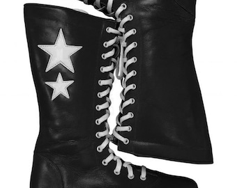 Custom Wrestling Boots Black Leather Lace Up Star Design Handmade Pro Performance Gear