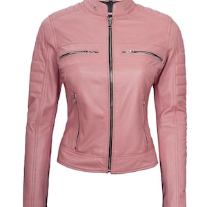 Blouson de moto en cuir rose pour femme - Style motard en cuir souple véritable - Poches à glissière - Cadeau veste de moto légère