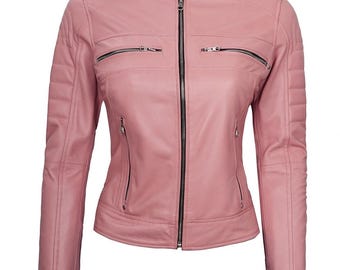 Pink Leather Moto Jacket – Women's Soft Real Leather Biker Coat