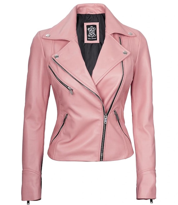 Pink Leather Biker Jacket: Women's Genuine Moto Coat, Slim Fit