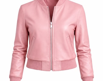 Chaqueta bomber de piel de cordero rosa para mujer, abrigo de piel auténtica de longitud regular con cremallera, abrigo de invierno