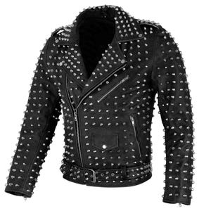 Blouson motard clouté - Blouson en cuir pour homme Blouson moto en cuir véritable clouté punk à clous - Blouson en cuir entièrement clouté noir vintage