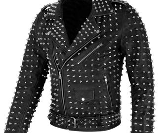 May include: A black leather motorcycle jacket with silver studs covering the entire surface. The jacket has a zipper closure, two zippered pockets on the front, and a belt with silver studs.