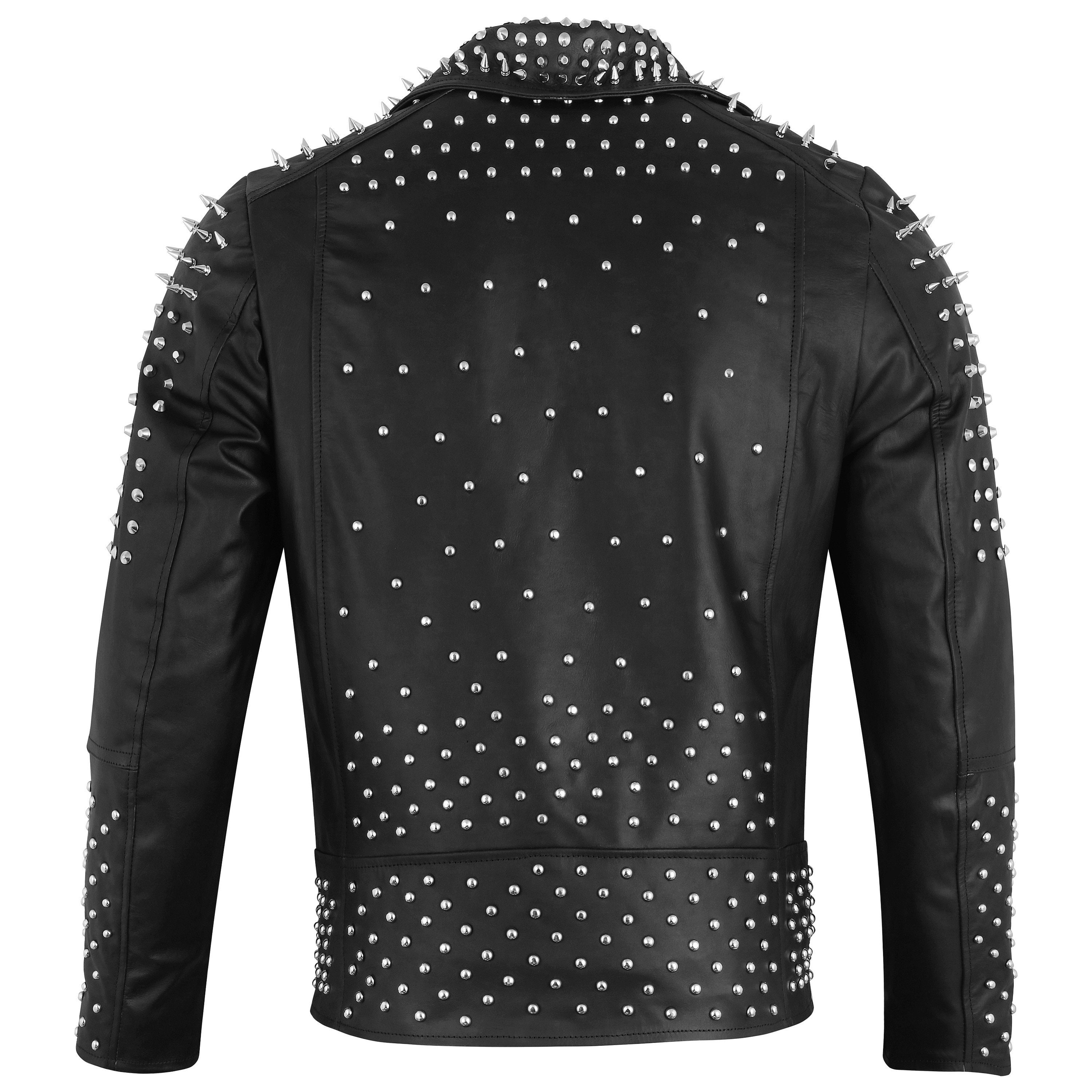 【punk leather jaket short】 Handmade Men's Studded Leather Jacket: Punk Biker Style