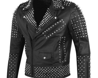 Chaqueta de cuero con tachuelas para hombre hecha a mano: estilo motero punk