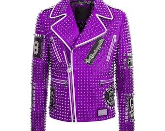 Chaqueta motera de cuero con tachuelas moradas: abrigo gótico punk rockero