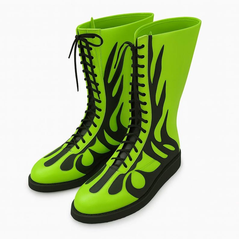 Studio shot of neon green wrestling boots in genuine leather with black flame overlays and black rubber soles. Boots stand upright, showing lace-up style, seamless edges, and precise stitching. Bright, shadow-free lighting enhances texture and shine. Ideal for Etsy shoppers seeking pro wrestling gear, performance boots, or unique custom footwear for men, women, and unisex cosplay use.