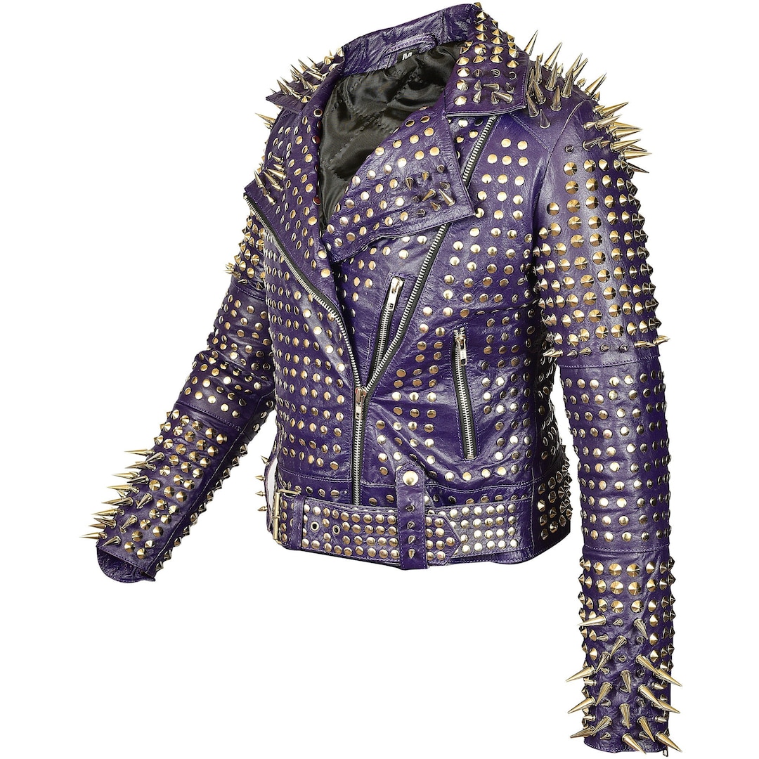 Handmade Womens Fashion Golden Studded Punk Style Leather Jacket main image 1