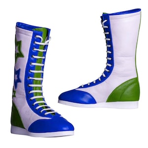 May include: Pair of high-top boots in white, blue, and green. The boots feature a lace-up design with white laces, blue toes, green accents, and star-shaped designs on the side. The boots are approximately 30 cm tall.