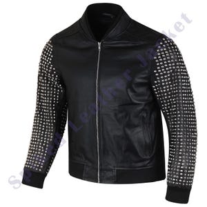 Biker Studded Jacket | New Men&#39;s Black Full Silver Studded Brando Cowhide Motorbike Leather | Black Studded Leather Jacket